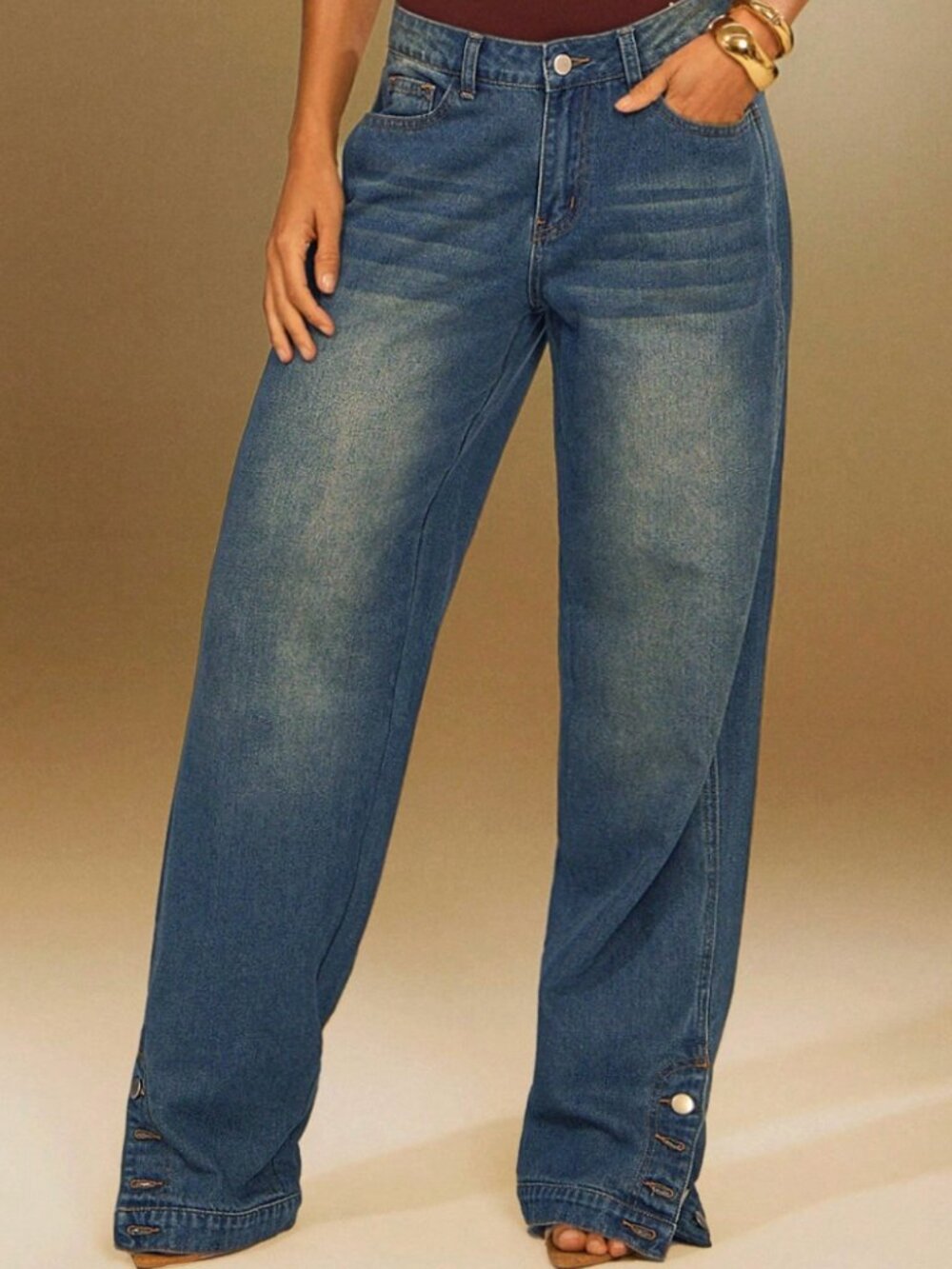 Denimoi Straight Leg Ankle Slit Button Detail Denim Jeans
